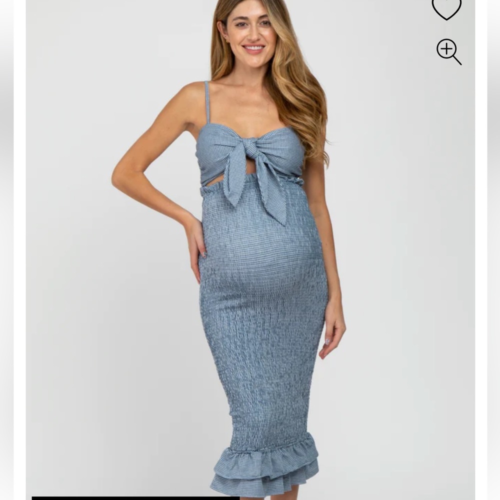 Pinkblush Maternity Blue Gingham Print Smocked Fitted Self-tie Midi Dress
